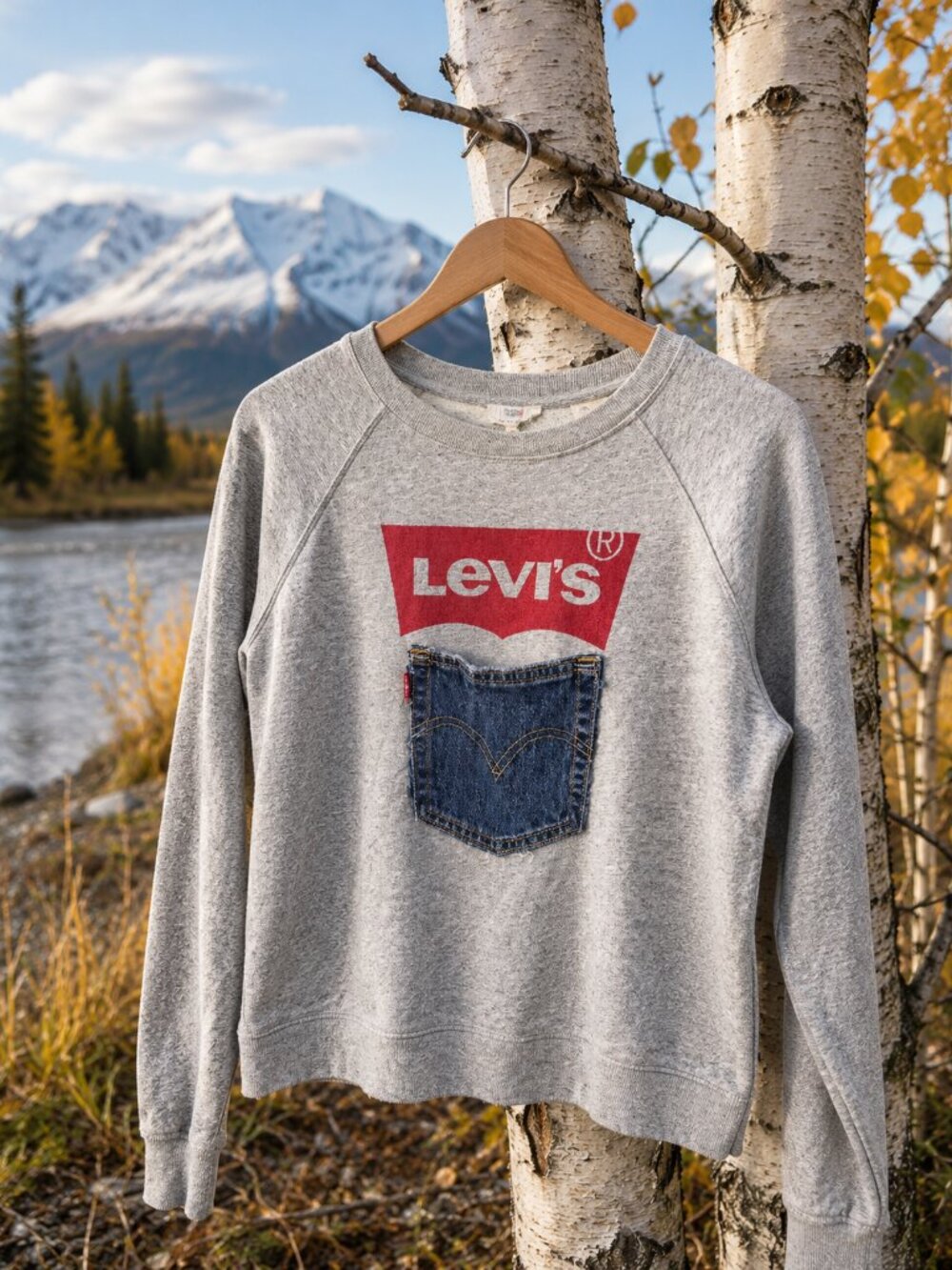 Levi’s Upcycled Denim Pocket Sweatshirt XS Gray Cropped Pullover